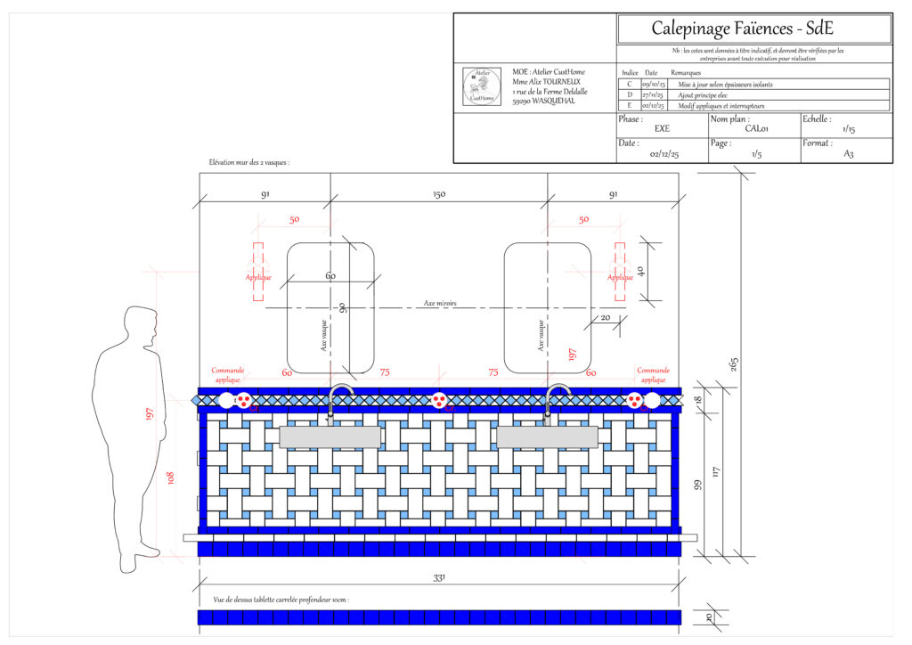 Salle de bains Camondo - Plan de calepinage faïence et électricité du mur des vasques